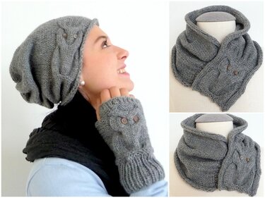 Knitting Pattern - Owl Design Set - Beanie, Gloves & Shawl - No.101ESet