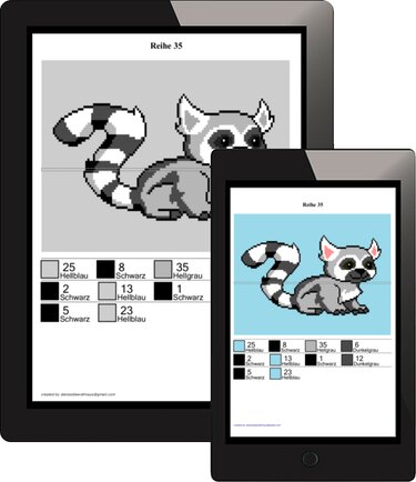 Pixelchart eines Lemurs mit nummerierter Farbpalette und Graustufenansicht