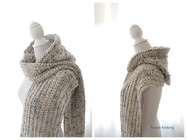 Speckled cream ribbed crocheted scoodie on a mannequin, two views showing hood and scarf