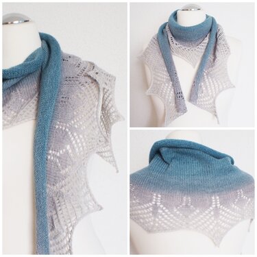 Teal-to-gray gradient crescent shawl with rolled stockinette collar and scalloped lace edge displayed on a dress form