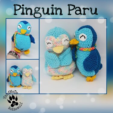 Zwei kompakte gehäkelte Pinguin-Amigurumi in Blautönen und Pastellfarben