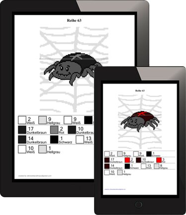 Zwei Tablets mit Pixel-Häkelmuster einer Spinne im Spinnennetz und Farblegende