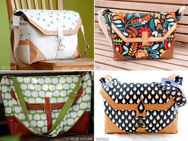 Vier bunte Umhängetaschen in verschiedenen Designs, darunter Blumen-, Apfel- und Tropfenmuster, mit Klappverschluss und verstellbarem Riemen.