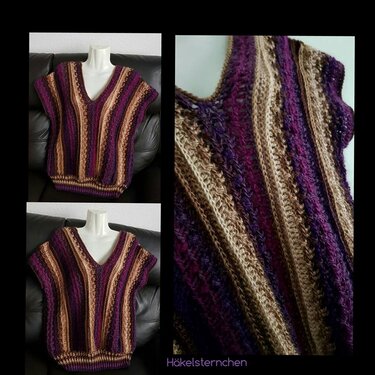 Gehäkelter ärmelloser Damen-Pullunder mit V‑Ausschnitt und lila-beigen Streifen auf Büste