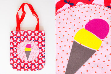 Rote Kindertasche aus Stoff mit weißem Birnenmuster, roten Trägern und applizierter Eistüte auf gepunktetem Kreis