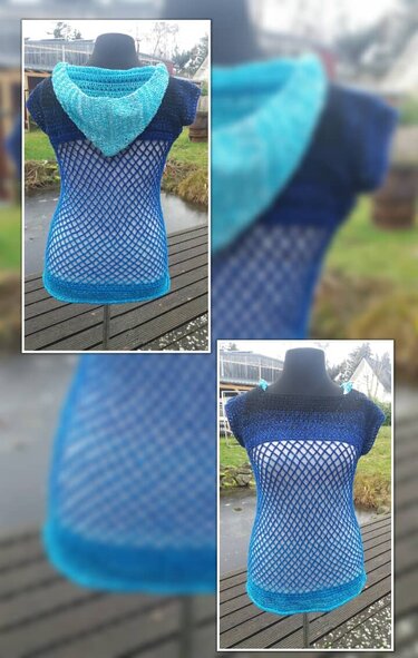 Gehäkeltes Oberteil mit Netzmuster, blauem Farbverlauf und Kapuze auf Schneiderpuppe