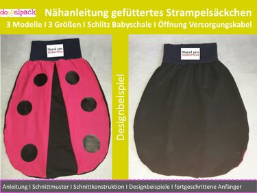 Zwei gefütterte Baby-Strampelsäckchen nebeneinander: pinkes Marienkäfer‑Design mit schwarzen Punkten und schlichtes Schwarz, beide mit dunklem Bündchen.