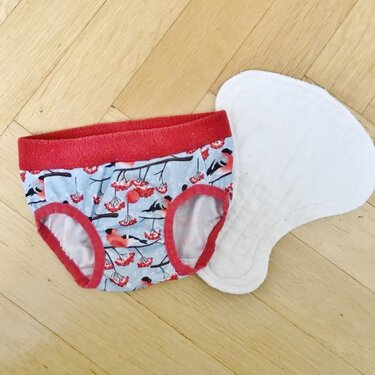 Hellblaues Trainingshöschen mit Vogelmuster, rotem Bund und einer weißen Einlage