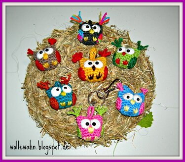 Taschenbaumler kleine Eule aus Resten, Häkelanleitung als PDF
