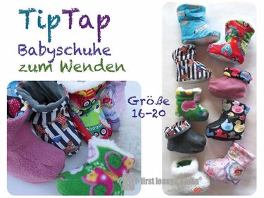 Mehrere Paare wendbarer Babyschuhe in bunten Stoffmustern, auf hellem Untergrund angeordnet; Größenangabe 16–20 sichtbar.