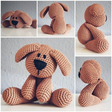 Gehäkelter brauner Amigurumi-Hund mit Schlappohren und gestickter Schnauze, mehrere Ansichten