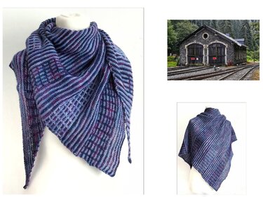 Gestricktes blau-lila Dreieckstuch mit diagonalen Streifen und Netzmuster