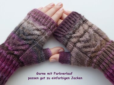 Hand-knit fingerless gloves with purple-to-gray gradient yarn and cable knit pattern
