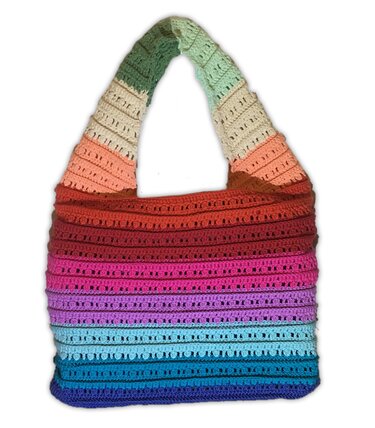 Handgehäkelte Tasche mit Farbverlauf von Mintgrün über Creme, Pfirsich, Orange, Rot, Pink, Lila bis Dunkelblau