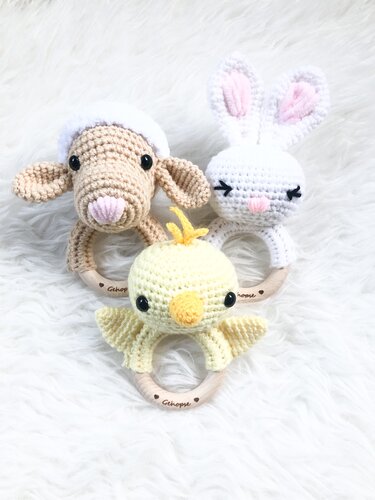 Häkelanleitung Babyrassel Sparset Hase Küken Schäfchen