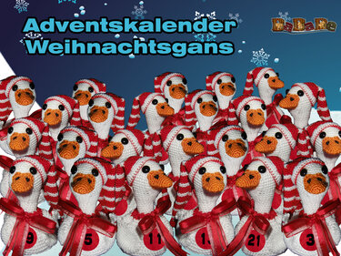 Gehäkelte Weihnachtsgänse mit rot-weiß gestreiften Mützen und roten Schleifen, einige nummeriert als Adventskalender