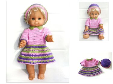 Puppenkleidung Rosalie 40 cm häkeln Kleid Hut Schuhe Schleife