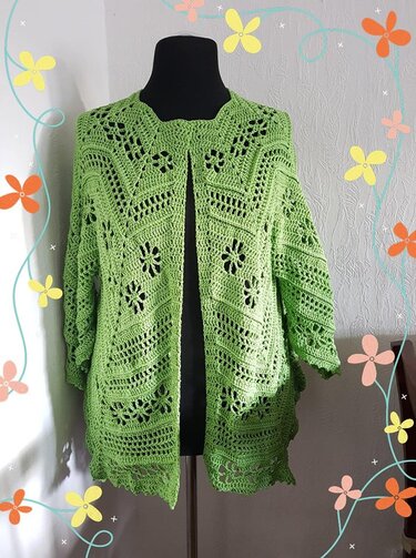 Light green crocheted open-front cardigan with floral lace motifs on a mannequin.