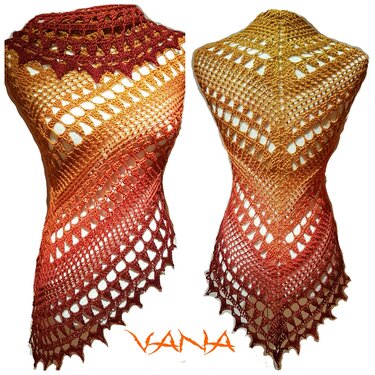 Gehäkeltes Dreieckstuch in Rostrot bis Goldgelb mit Rautenmuster, Vorder- und Rückansicht