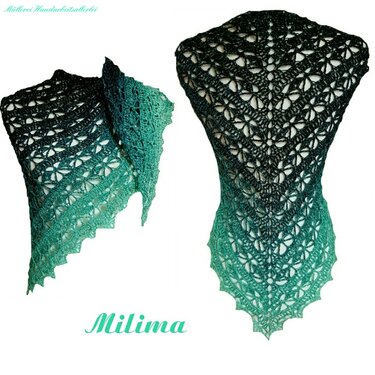 Gehäkeltes Ombré-Dreieckstuch in Grün mit filigranem Spitzenmuster, zwei Ansichten