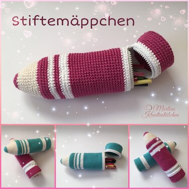 Gehäkelte Stiftemäppchen in Bleistiftform, eines rosa-weiß geöffnet mit Stiften, ein weiteres türkisfarben daneben
