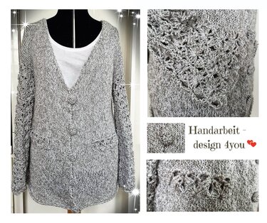 Graumelierter handgestrickter Cardigan auf Schneiderpuppe mit Lochmuster an Ärmeln und Vorderteil und drei stoffbezogenen Knöpfen