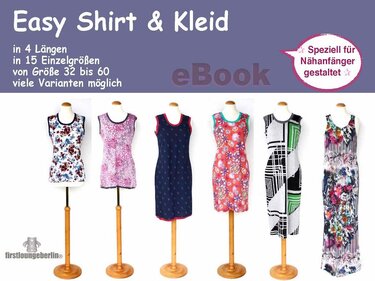 Werbebanner 'Easy Shirt & Kleid' über sechs Schaufensterpuppen mit ärmellosen Shirts und Kleidern in floralen und geometrischen Mustern; Hinweis auf Größen 32–60 und 4 Längen.