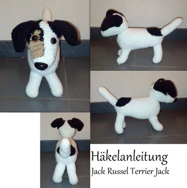 Gehäkelter Jack‑Russell‑Amigurumi in Weiß mit schwarzen Flecken und beiger Schnauze, Vorder- und Seitenansichten