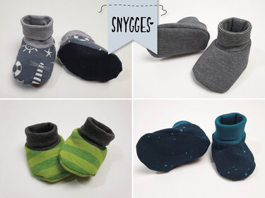 Verschiedene genähte Babyschuhe mit Umschlagbündchen und weichen Sohlen