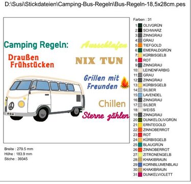 Camping Bus - Camping Regeln Stickdatei - Sticken