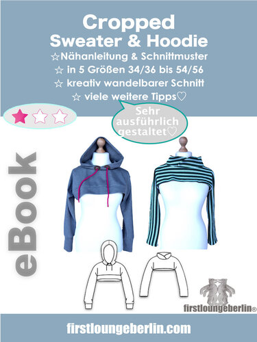 eBook-Cover: Schnittmuster für Cropped-Hoodie und -Pullover mit Schneiderpuppen und technischen Skizzen