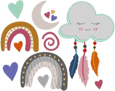 Boho Stickdatei Regenbogen Wolke Mond Herz Cute - Sticken