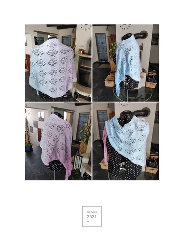 Gestricktes Dreieckstuch mit Ajour-Blattmuster in Hellblau und Flieder auf Schneiderpuppe, Collage mit vier Ansichten