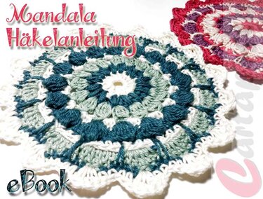 Zwei gehäkelte Mandalas in Türkis/Grün/Weiß und Rot/Violett; Schriftzug 'Mandala Häkelanleitung' und 'eBook' sichtbar.