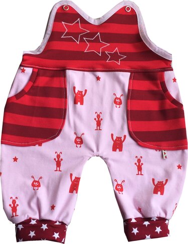Rote und rosa Baby-Latzhose mit Streifen, Taschen, Stern-Applikation und Monster-Motiv