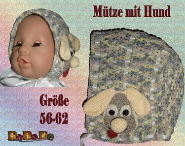 Baby Mütze Hund, Größe 56-62, 1- 3 Monate, gehäkelt von DaDaDe - Bild 4