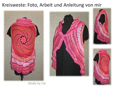 Gehäkelte rosa‑orange Kreisweste mit Spiralmotiv auf schwarzer Büste, Vorder‑ und Rückansicht