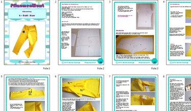 Mehrseitige Nähanleitung mit Schnittteilen und Fotos einer gelben Kinderhose