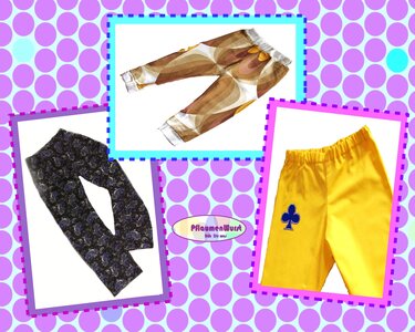 Collage von drei Kinderhosen: braun‑weißes Wellenmuster, dunkelblau mit Paisley und leuchtend gelb mit blauer Applikation auf lila-gepunktetem Hintergrund.