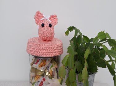 Glas mit rosa gehäkeltem Schweinchen-Deckel und grüner Topfpflanze