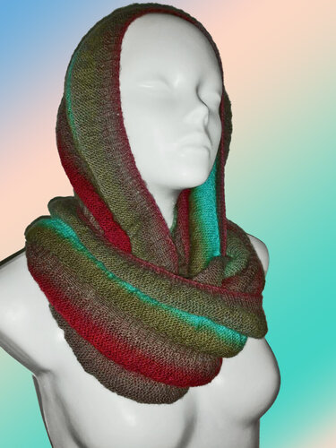 Knitted hooded cowl in green, brown, red and teal stripes on a mannequin