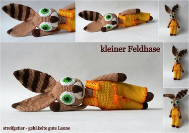 Gehäkelter brauner Feldhase mit gestreiften Ohren und gelber Latzhose, liegend und stehend dargestellt