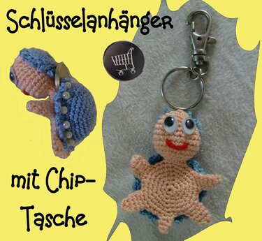 Gehäkelter Seestern-Schlüsselanhänger mit Chipfach, Karabiner und Schlüsselring