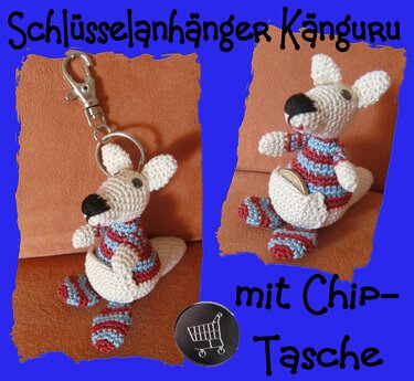 Gehäkelter Känguru‑Schlüsselanhänger mit Karabiner und Einkaufswagen‑Chip in der Bauchtasche
