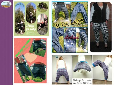 Fotoserie verschiedener weiter Damenhosen mit tiefem Schritt, elastischem Bund und variierenden Beinabschlüssen