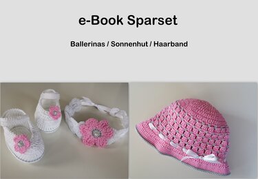 Gehäkelte weiße Babyschuhe mit rosa Blüte, weißes Haarband mit großer rosa Blüte und gehäkelter rosa Sonnenhut mit Band