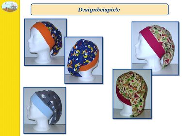 Mehrere bunt gemusterte Babymützen und Kinder-Beanies auf Schaufensterköpfen