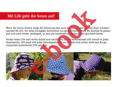 Drei Kinder-Sonnenhüte aus Jersey in Wolken- und Punktmustern; seitliche Ansichten