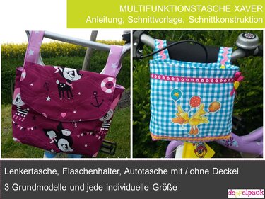 Zwei genähte Fahrradtaschen: links magentafarbene Tasche mit Tier- und Ankermotiven, rechts blau-weiß karierte Tasche mit Entenapplikation.
