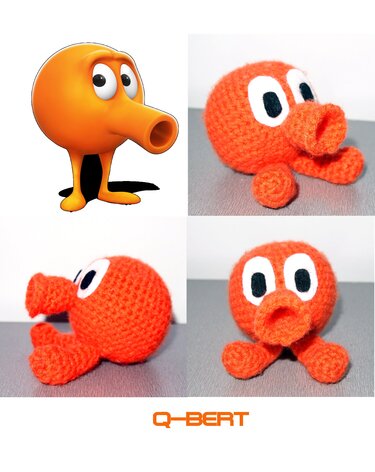 Vier Ansichten eines gehäkelten orangen Amigurumi mit becherförmigem Rüssel und weißen Augen